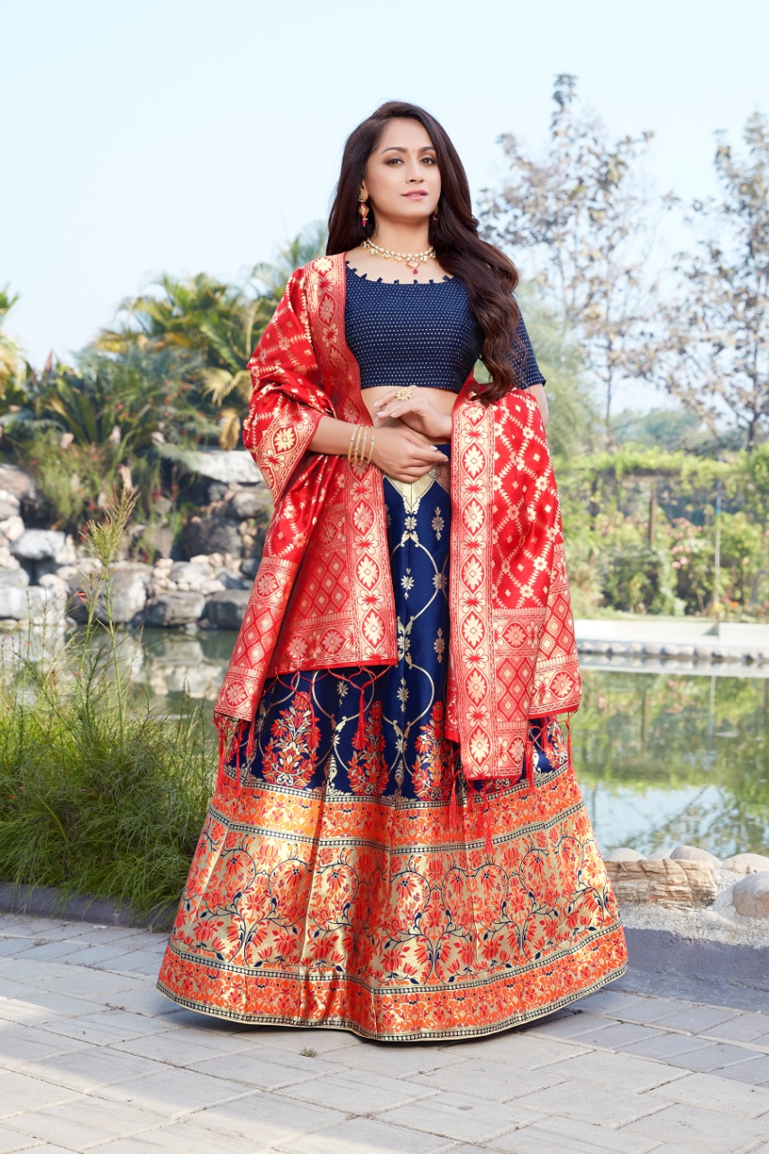 Buy Miracle fashion Women's Embroidered Faux Georgette Blue Red Lehenga  With Blouse Pc & Dupatta at Amazon.in