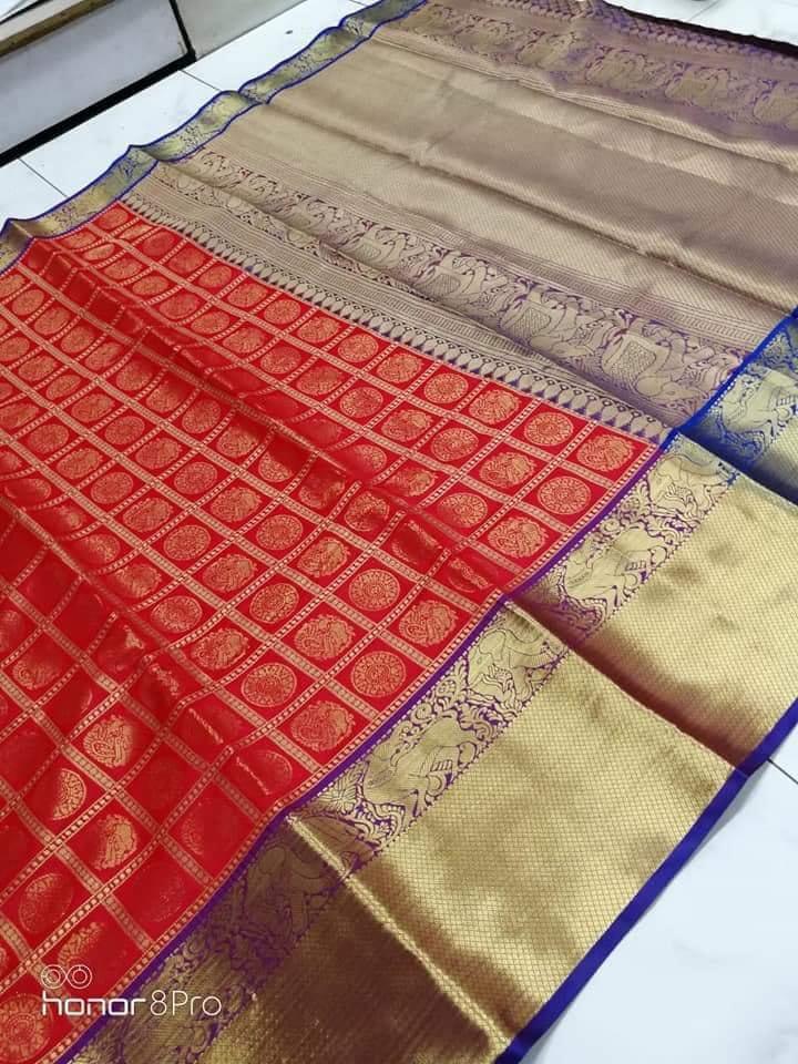 Kanchipuram handloom silk saree with contrast rich pallu