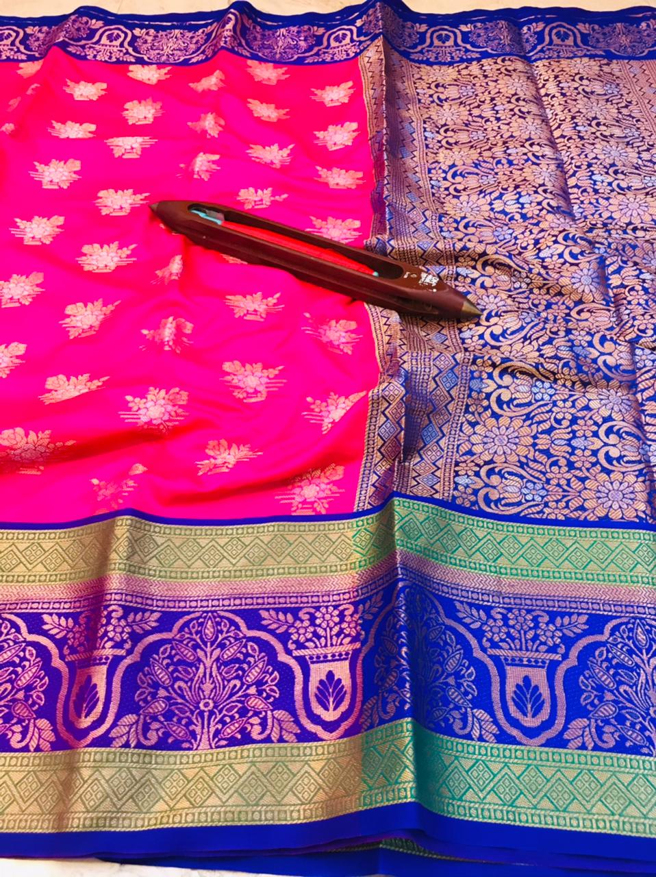 Pink color kanchipuram handloom weaving silk saree with zari work