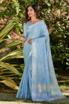Sky blue color linen saree with zari weaving temple border