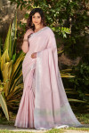 Baby pink color linen saree with zari weaving temple border