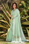 Sea green color linen saree with zari weaving temple border