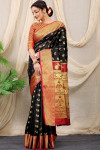 Black color soft banarasi silk saree with golden zari woven work