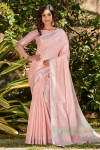 Peach color linen saree with zari weaving temple border