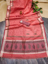Peach color linen silk saree with temple woven border