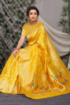 Yellow color soft kanchipuram silk saree with golden and silver zari weaving work