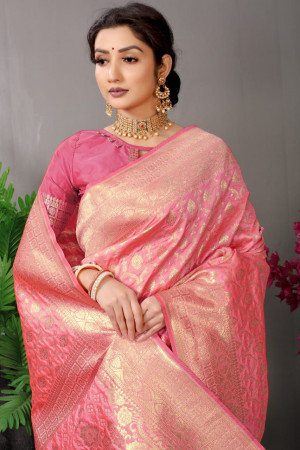 Calm Pink Color Light Weight Soft Banarasi Silk Saree with Golden Zari Work  - Navshtri Family