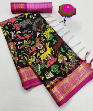 Black color soft cotton saree with printed work