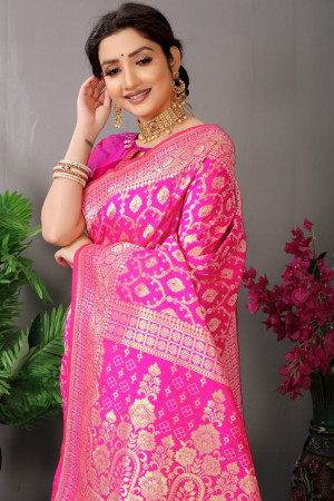 Rani Pink colour Banarasi sarees with zari border saree design -BANS0000727