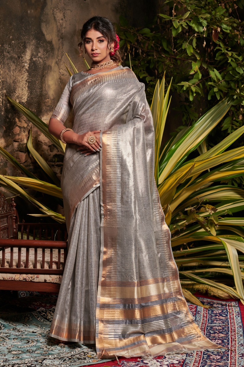 Mita - metallic linen sari with Pearl hand embroidery | The Maggam  Collective