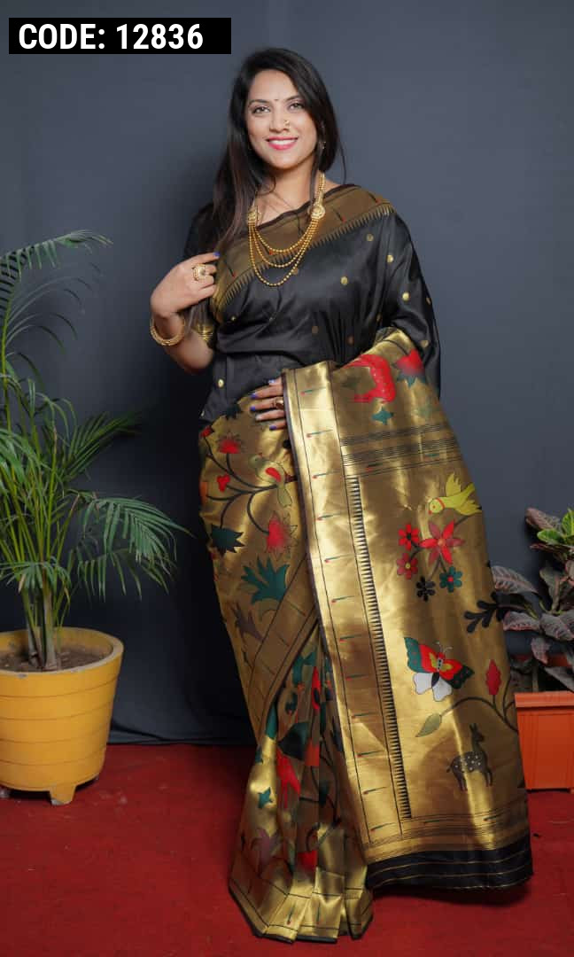 Buy BANARASI PATOLA Black With Silver Zari Weaved Banarasi Silk Saree And  Beautiful Jacquard Weave Pallu And Blouse With Blouse Piece | Shoppers Stop