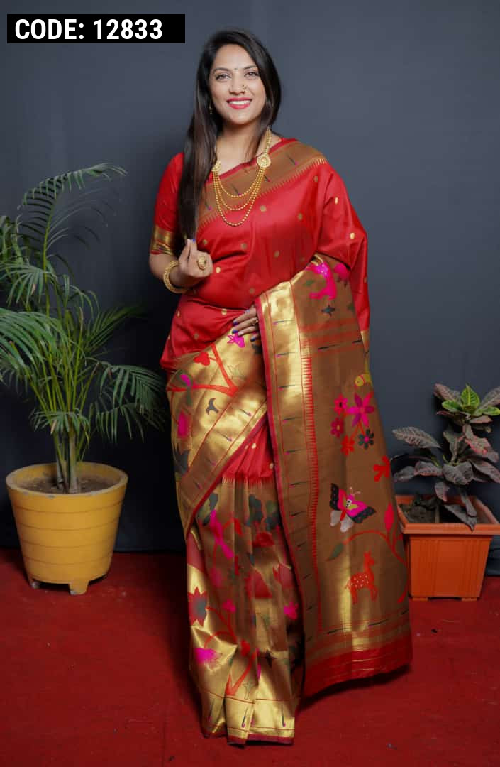 Red color paithani silk saree with golden zari weaving work