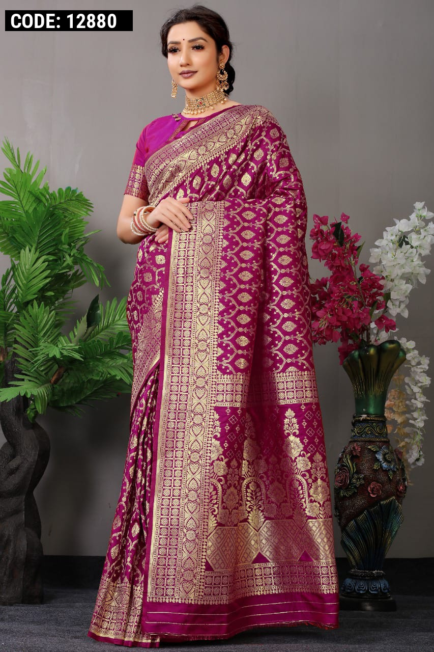 Magenta Banarasi Silk Saree - Urban Womania