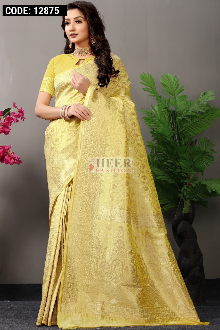 Golden Cream Woven Banarasi Silk Saree