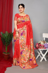 Red color paithani silk saree with zari weaving work