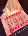 Light yellow color paithani silk saree with zari weaving work