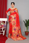 Red color paithani silk saree with zari weaving work