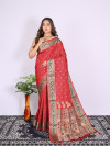 Red color soft paithani silk saree with zari woven work