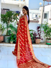 Red color soft art silk saree with zari weaving work