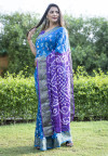 Royal blue and purple color bandhej silk saree with printed work