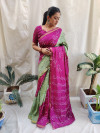 Magenta and pista green color bandhej silk saree with printed work