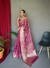 Magenta color linen silk saree with zari weaving work