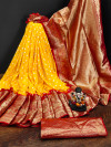 Yellow and red color bandhej silk saree with zari weaving work