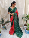 Red and green color bandhej silk saree with printed work