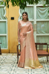 Peach color soft linen silk saree with zari weaving work