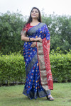 Royal blue and red color bandhej silk saree with printed work
