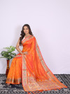 Orange color soft paithani silk saree with zari woven work