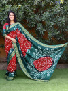 Red and green color bandhej silk saree with zari weaving work