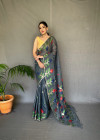 Gray color linen silk saree with zari weaving work