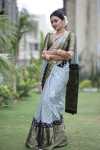 Gray and black color bandhej silk saree with zari weaving work