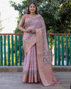Peach color linen silk saree with digital printed work