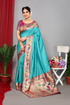 Sea green color paithani silk saree with zari weaving work