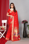 Red color paithani silk saree with zari weaving work