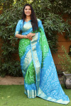 Parrot green and sky blue color bandhej silk saree with zari weaving work