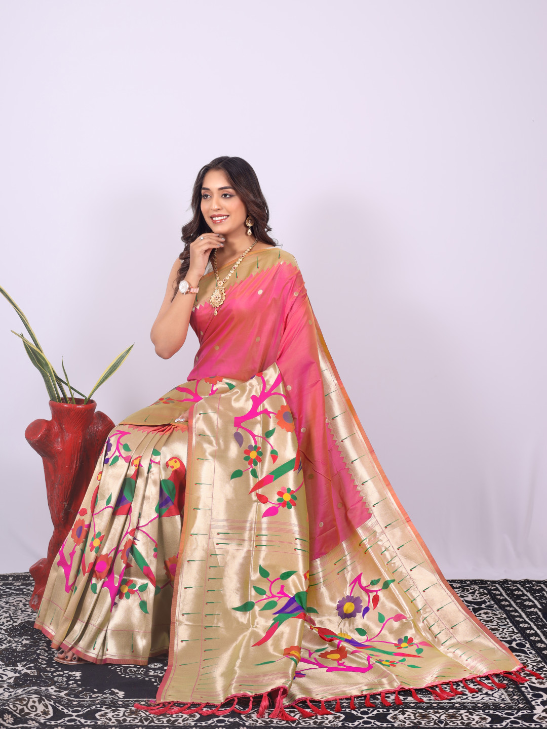 Peach color paithani silk saree with zari weaving work