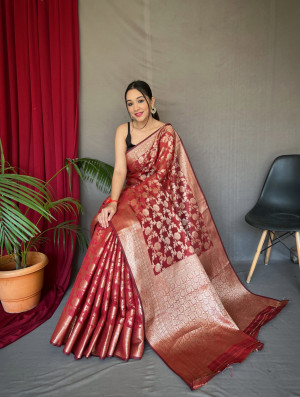 Maroon color linen silk saree with zari weaving work