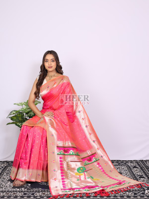 Peach color paithani silk saree with zari weaving work