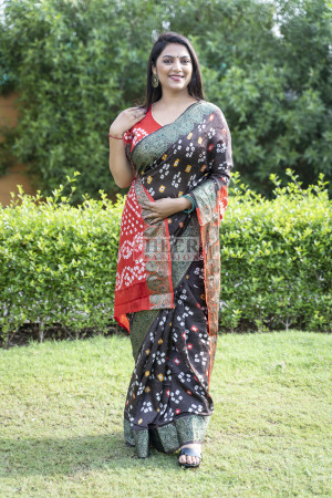 Black and red color bandhej silk saree with printed work