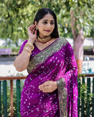 Magenta color pure hand bandhej silk saree with printed work