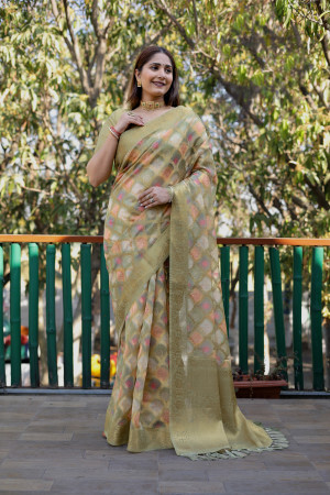 Mahendi green color organza silk saree with zari weaving work
