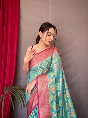 Firoji color tussar silk saree with zari weaving work