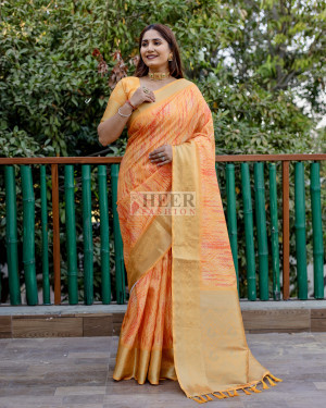 Orange color dola silk saree with digital printed work