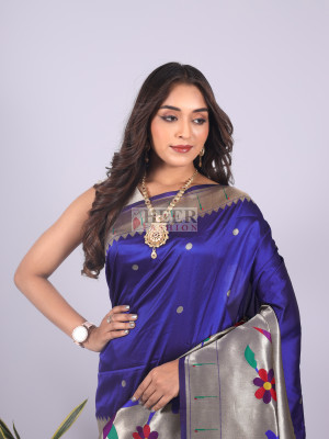 Royal blue color paithani silk saree with zari weaving work