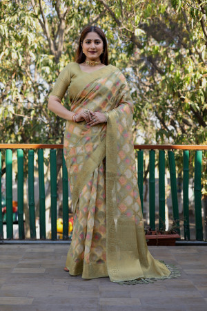 Mahendi green color organza silk saree with zari weaving work