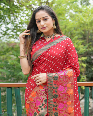 Maroon color bandhej silk saree with woven design