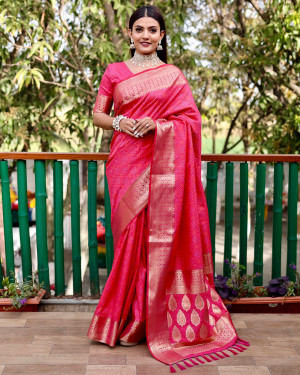 Buy Designer Saree  Blush Pink Khicha Zari Handloom Weaved Silk